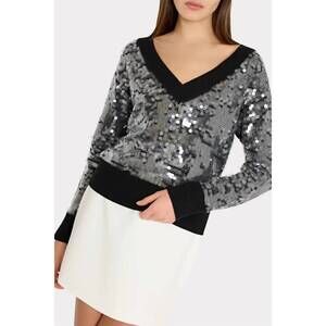 NEW MILLY ilaria sequin v-neck sweater in black